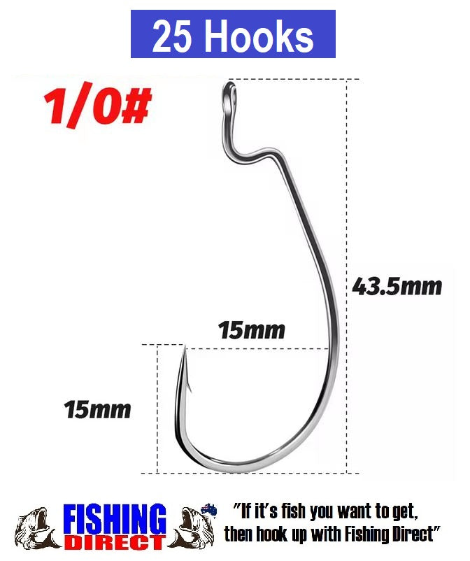 WORM HOOKS 1/0#, 25 Piece Set, High Carbon Steel Offset Suit Soft Plastic Lures, Silver