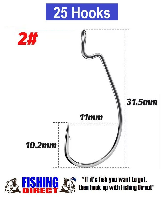 WORM HOOKS 2#, 25 Piece Set, High Carbon Steel Offset Suit Soft Plastic Lures, Silver
