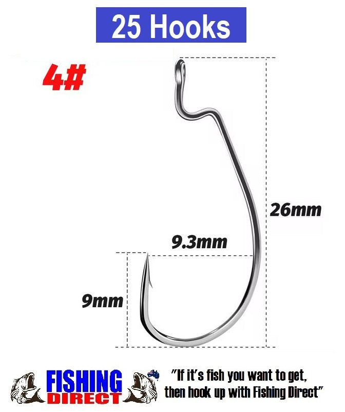 WORM HOOKS 4#, 25 Piece Set, High Carbon Steel Offset Suit Soft Plastic Lures, Silver