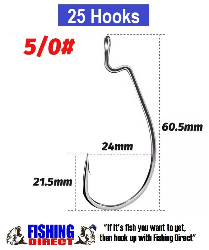 WORM HOOKS 5/0#, 25 Piece Set, High Carbon Steel Offset Suit Soft Plastic Lures, Silver
