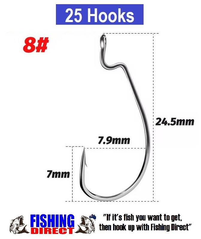 WORM HOOKS 8#, 25 Piece Set, High Carbon Steel Offset Suit Soft Plastic Lures, Silver