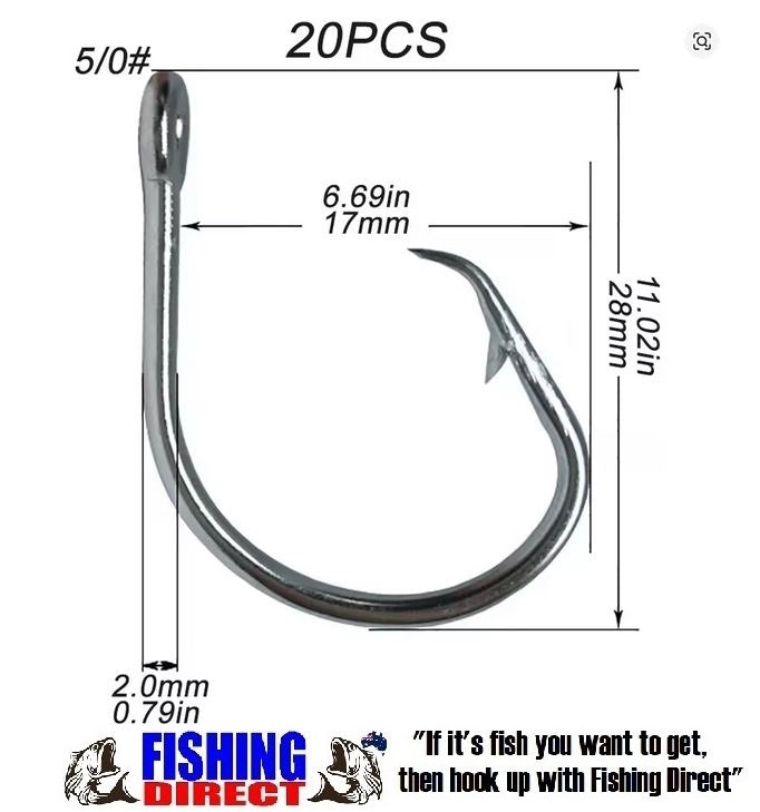 Circle Hooks GIANT Forged In Line Stainless Steel Game Hooks 20 Pack 5/0#