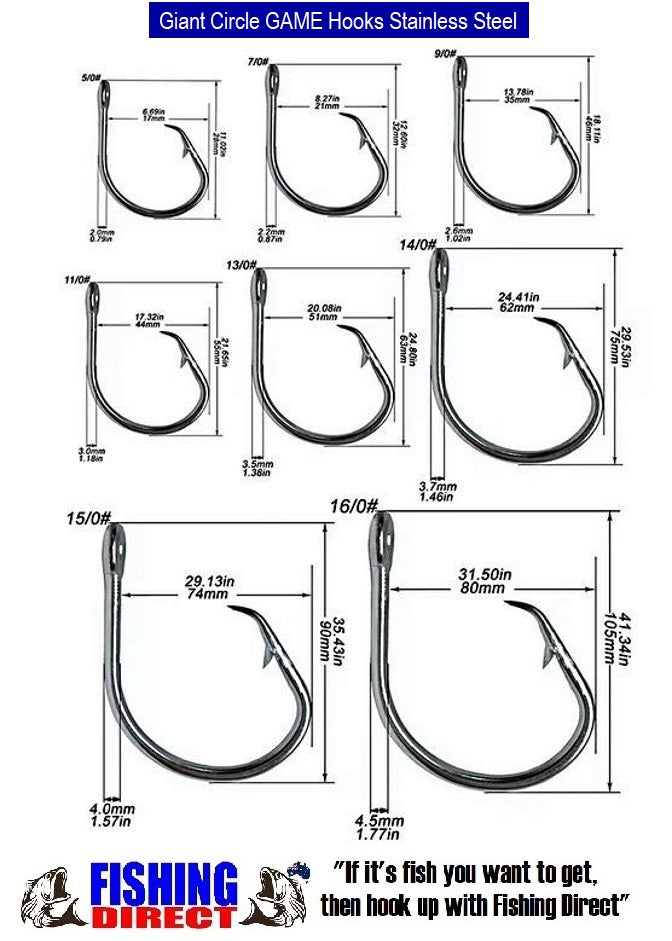 Circle Hooks GIANT Forged In Line Stainless Steel Game Hooks 6 Pack Mixed