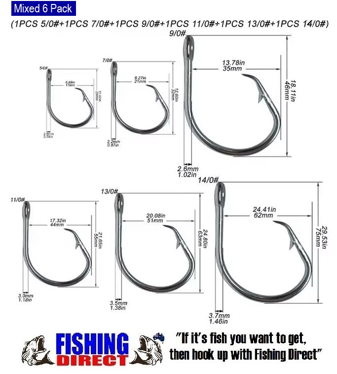 Circle Hooks GIANT Forged In Line Stainless Steel Game Hooks 6 Pack Mixed