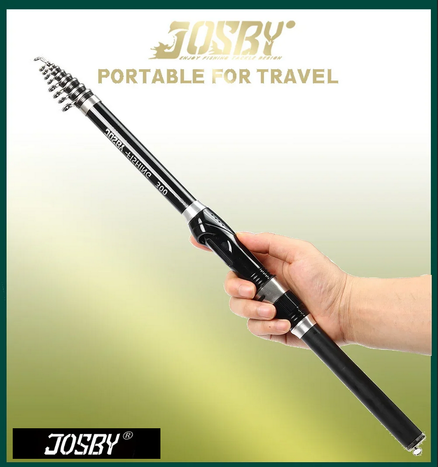 Fishing Rod Telescopic Ultra Durable Spinning Carbon Fibre Light Action, JOSBY 1.5/1.8/2.1/2.4/2.7/3.0M (Select length) Black