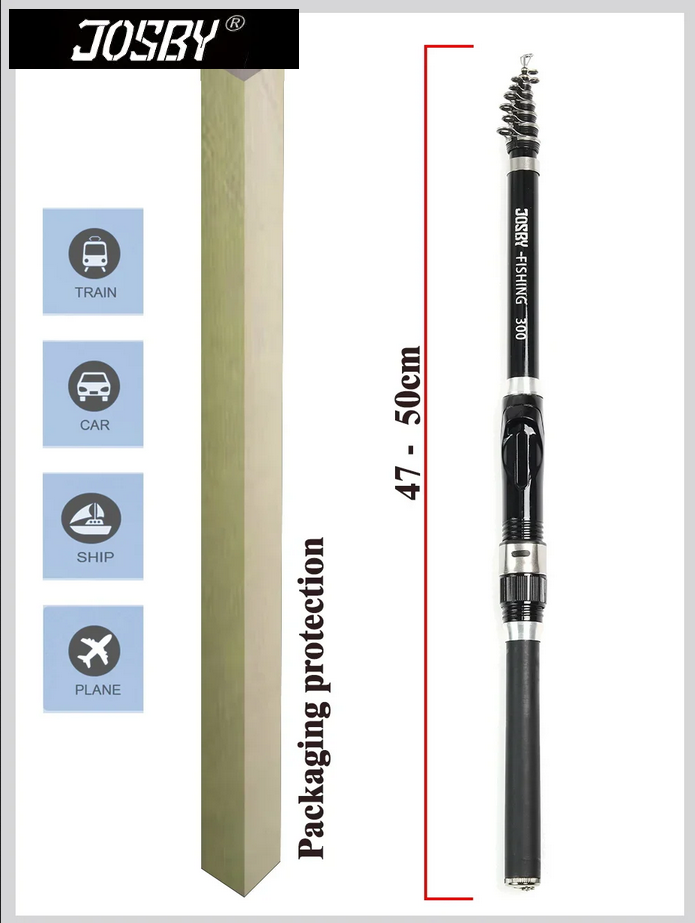 Fishing Rod Telescopic Ultra Durable Spinning Carbon Fibre Light Action, JOSBY 1.5/1.8/2.1/2.4/2.7/3.0M (Select length) Black