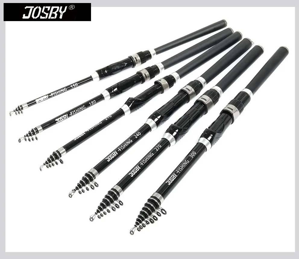 Fishing Rod Telescopic Ultra Durable Spinning Carbon Fibre Light Action, JOSBY 1.5/1.8/2.1/2.4/2.7/3.0M (Select length) Black