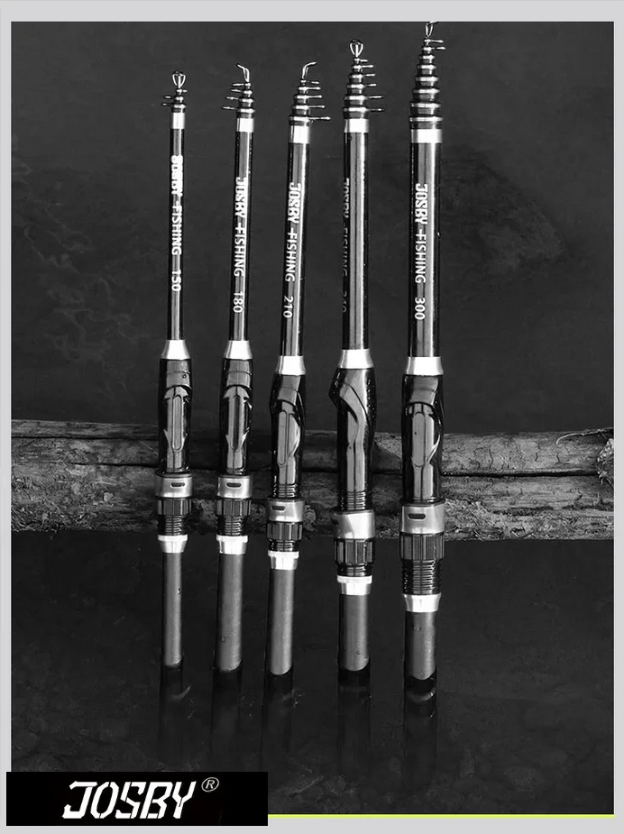 Fishing Rod Telescopic Ultra Durable Spinning Carbon Fibre Light Action, JOSBY 1.5/1.8/2.1/2.4/2.7/3.0M (Select length) Black