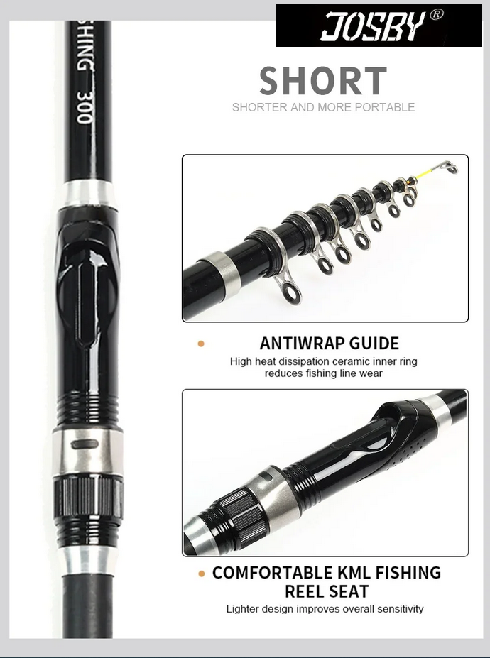 Fishing Rod Telescopic Ultra Durable Spinning Carbon Fibre Light Action, JOSBY 1.5/1.8/2.1/2.4/2.7/3.0M (Select length) Black