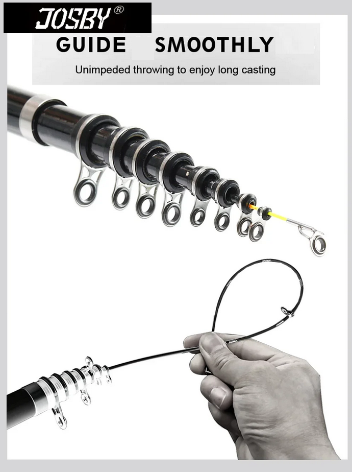 Fishing Rod Telescopic Ultra Durable Spinning Carbon Fibre Light Action, JOSBY 1.5/1.8/2.1/2.4/2.7/3.0M (Select length) Black
