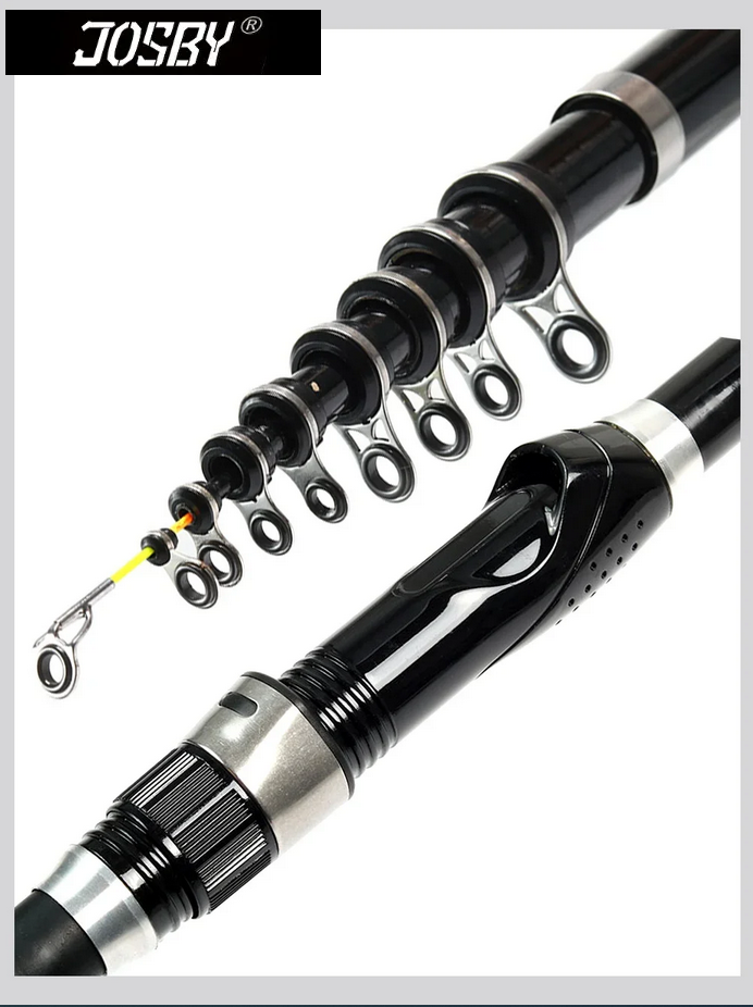 Fishing Rod Telescopic Ultra Durable Spinning Carbon Fibre Light Action, JOSBY 1.5/1.8/2.1/2.4/2.7/3.0M (Select length) Black