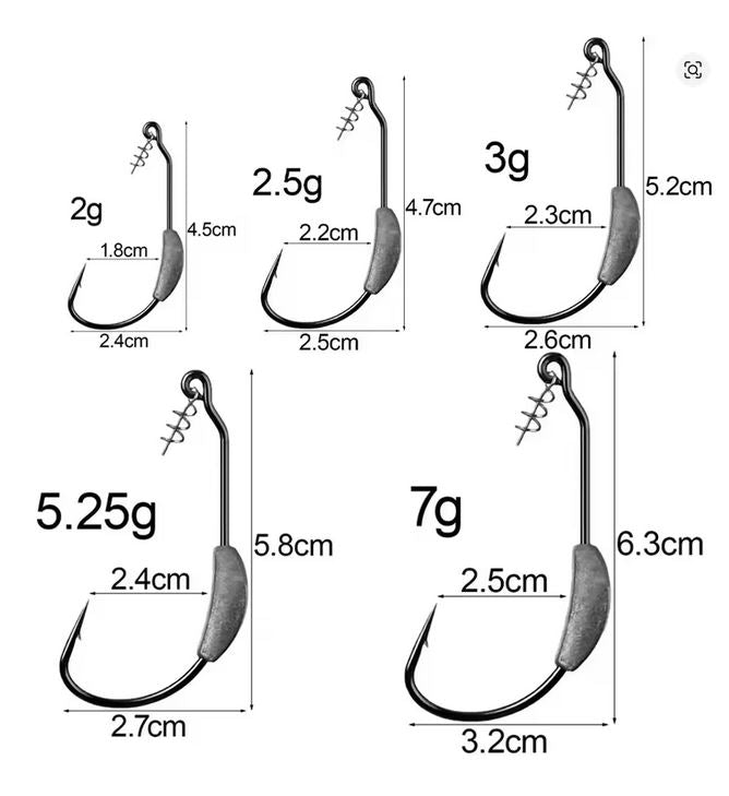 Jig Head Offset Crank Lead Weight & Spring Screw Lock For Soft Plastics Worms Etc: 10 Pack Mixed Sizes