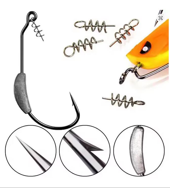 Jig Head Offset Crank Lead Weight & Spring Screw Lock For Soft Plastics Worms Etc: 10 Pack Mixed Sizes
