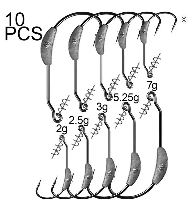 Jig Head Offset Crank Lead Weight & Spring Screw Lock For Soft Plastics Worms Etc: 10 Pack Mixed Sizes