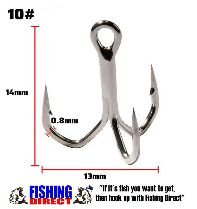 TREBLE HOOKS 10#, 30 Piece Set, Angled Barbs, Sharp & High Strength Nickel Finish Silver