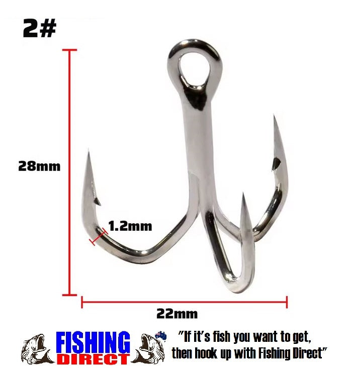 TREBLE HOOKS 2#, 30 Piece Set, Angled Barbs, Sharp & High Strength Nickel Finish Silver