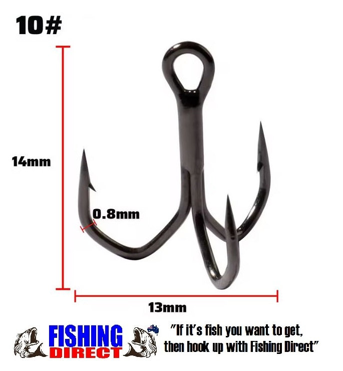 TREBLE HOOKS 10#, 30 Piece Set, Angled Barbs, Sharp & High Strength Nickel Finish Black