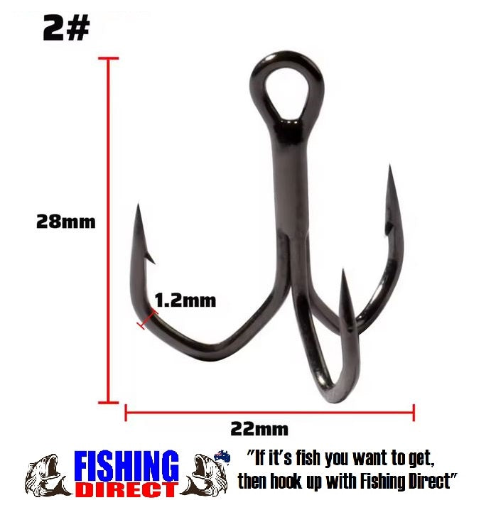 TREBLE HOOKS 2#, 30 Piece Set, Angled Barbs, Sharp & High Strength Nickel Finish Black