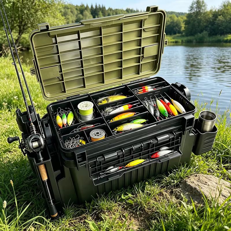 Double-layer multi-function fishing tackle box.