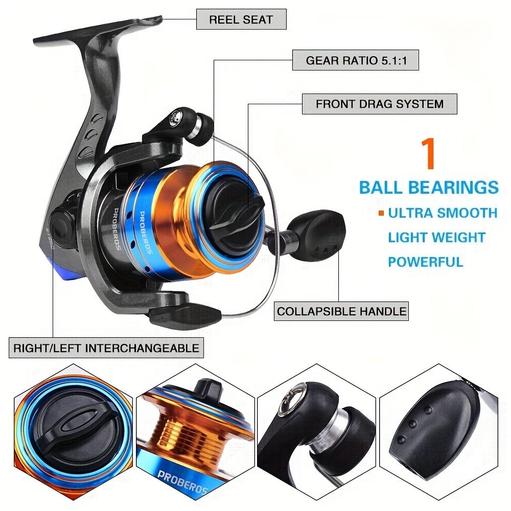 Proberus fishing rod reel set, including spinning reel, 2.4-meter fishing rod, fishing line, artificial bait, lead weight hook, complete set with storage bag