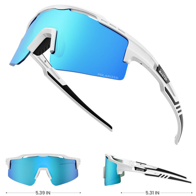 Outdoor Master Hawk II Polarized Sports Sunglasses UV400 Protection; Cycling, Running Fishing,   White + Revo Blue