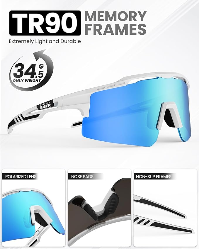 Outdoor Master Hawk II Polarized Sports Sunglasses UV400 Protection; Cycling, Running Fishing,   White + Revo Blue