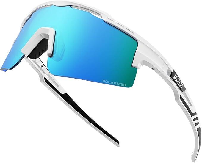Outdoor Master Hawk II Polarized Sports Sunglasses UV400 Protection; Cycling, Running Fishing,   White + Revo Blue