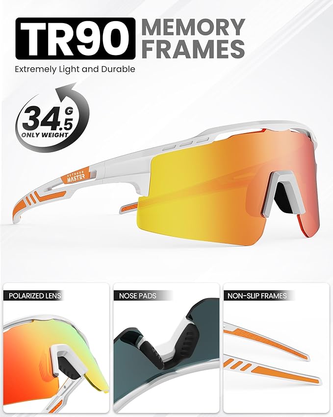 Outdoor Master Hawk II Polarized Sports SunglassesUV400 Protection TR90 Frame White & Revo Red Lens Cycling , Running, Fishing