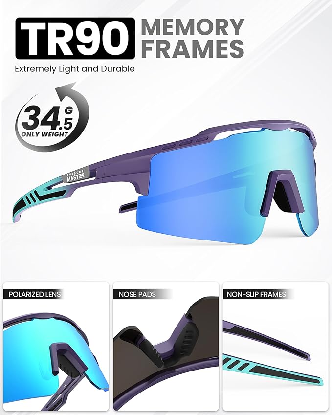 Outdoor Master Hawk II Polarized Sports Sunglasses UV400 Protection TR90 Frame Blue & Revo Blue Cycling Sunglasses, Running Fishing