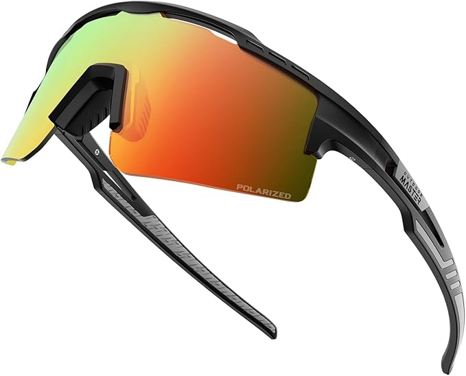 OutdoorMaster Hawk II Polarized Sports Sunglasses UV400 Protection TR90 Frame Black & Revo Blue Lens Cycling, Running, Fishing