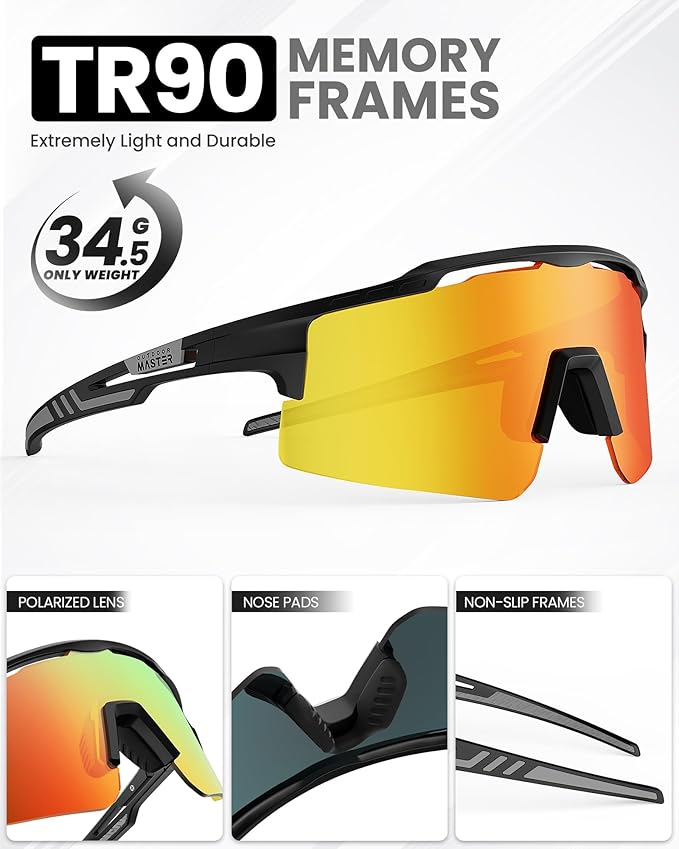 OutdoorMaster Hawk II Polarized Sports Sunglasses UV400 Protection TR90 Frame Black & Revo Blue Lens Cycling, Running, Fishing