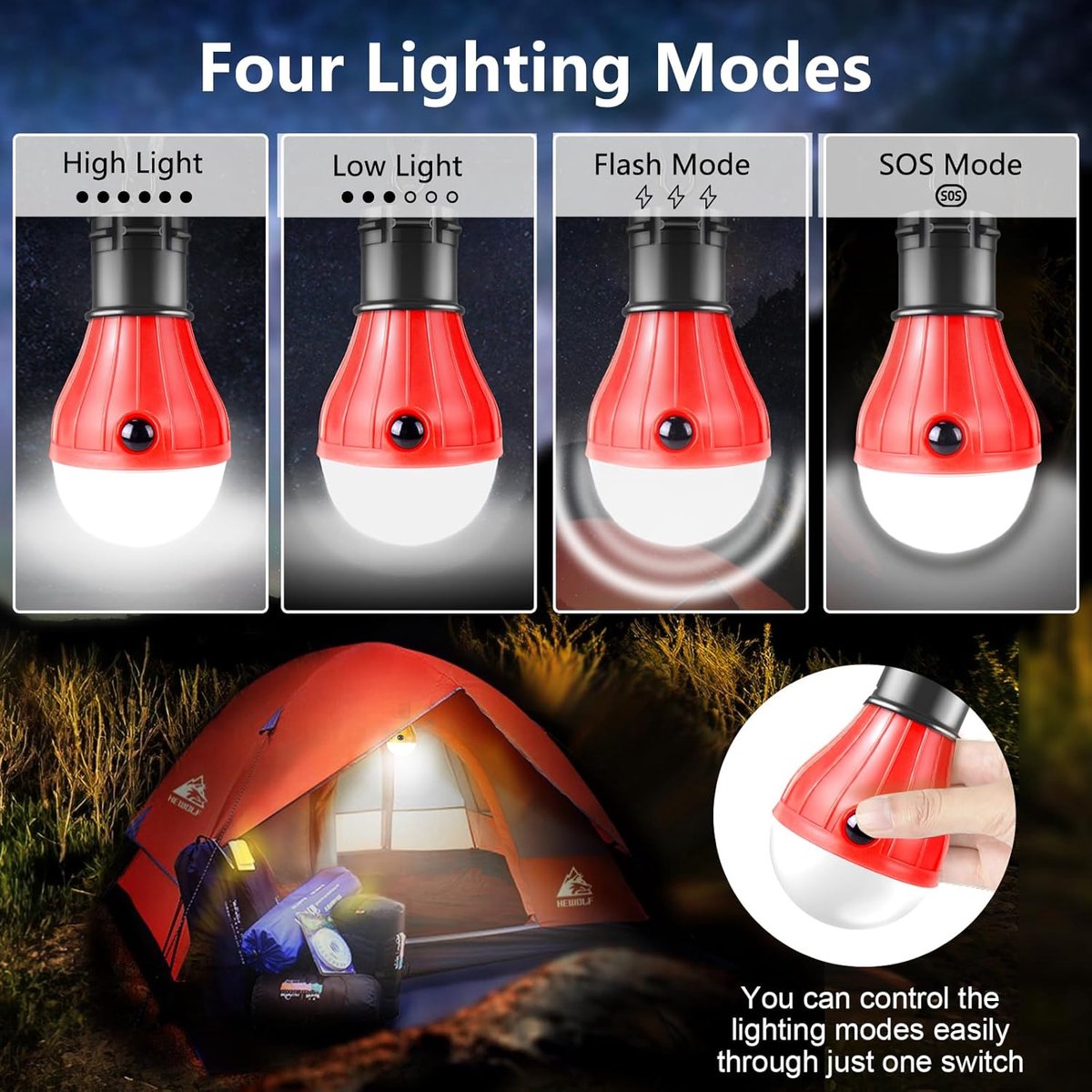 Camping Lamp - 4-Piece - LED Portable IPX4 Waterproof - Bright - Battery Operated 4 Lighting Modes - for Outdoor / Fishing / Travel / Camping