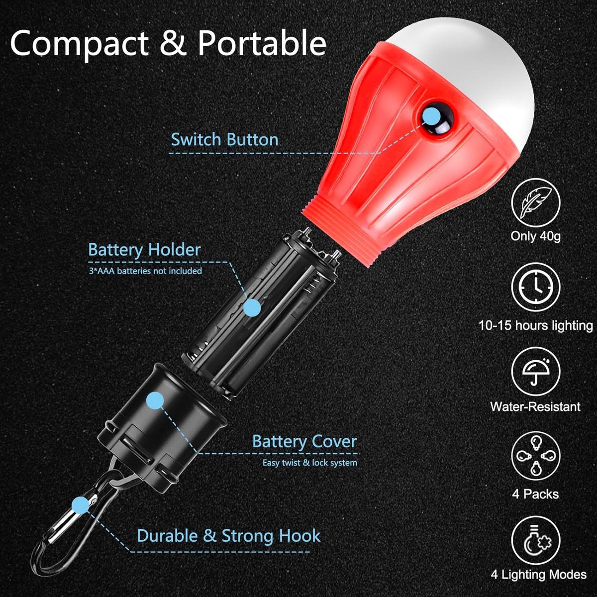 Camping Lamp - 4-Piece - LED Portable IPX4 Waterproof - Bright - Battery Operated 4 Lighting Modes - for Outdoor / Fishing / Travel / Camping