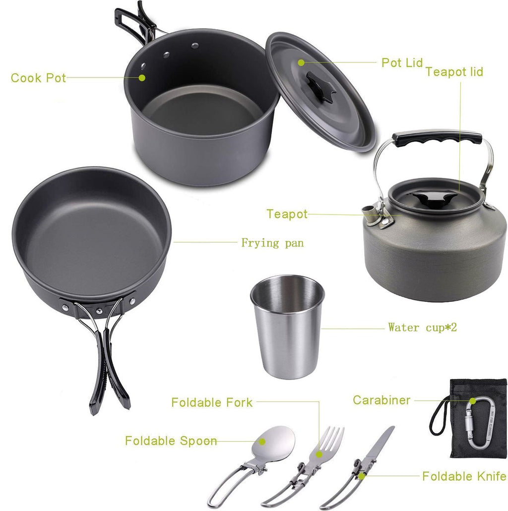 Cookware - 9-piece - for camping, outdoor, hiking, picnic, BBQ, foldable camping pans - safe and BPA - Suitable for 2-3 people camping pan set