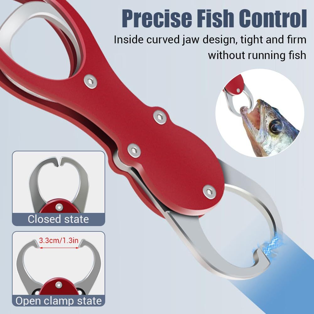 Aluminium Fish Lip Gripper with Scale 360° Swivel Non-Slip Handle Red