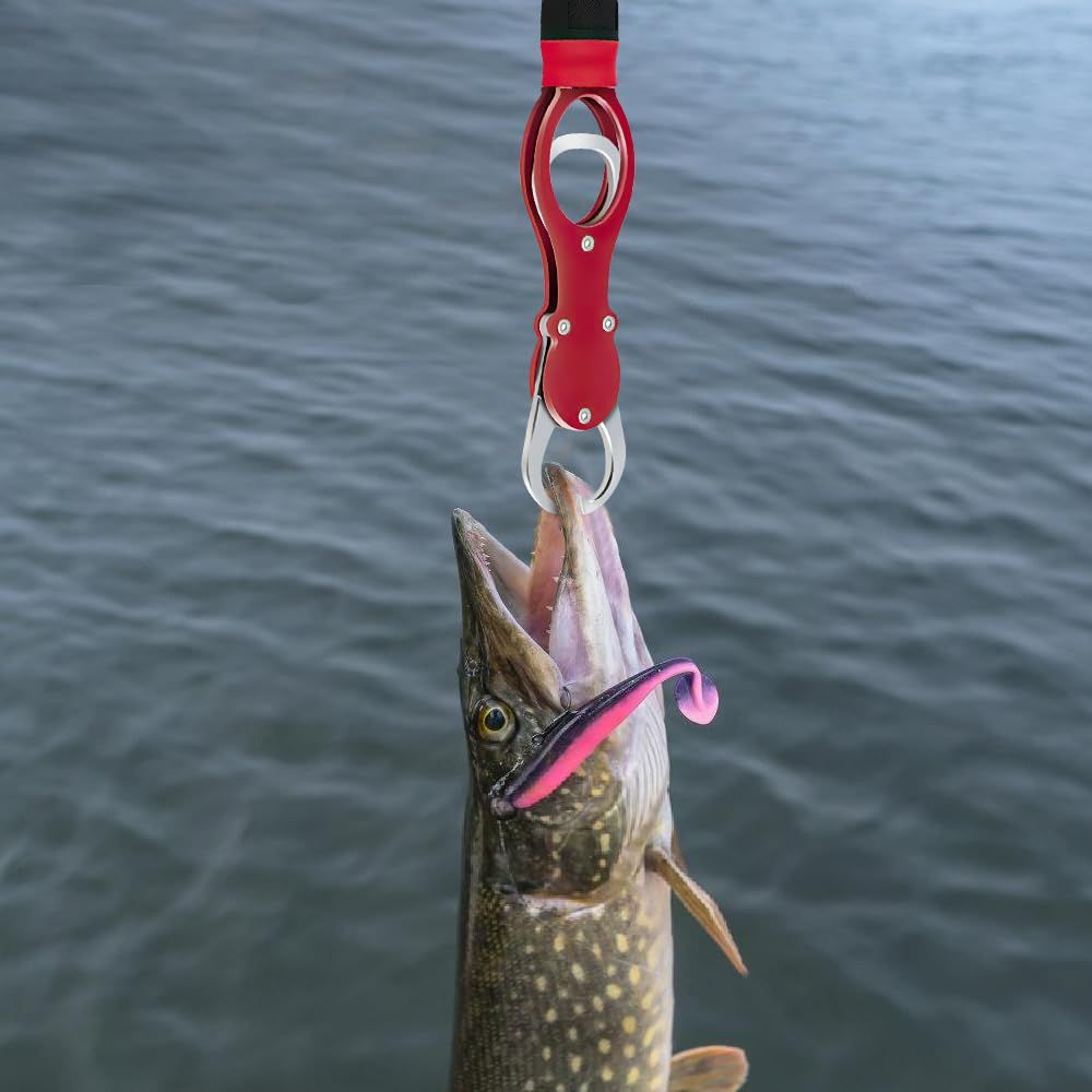 Aluminium Fish Lip Gripper with Scale 360° Swivel Non-Slip Handle Red