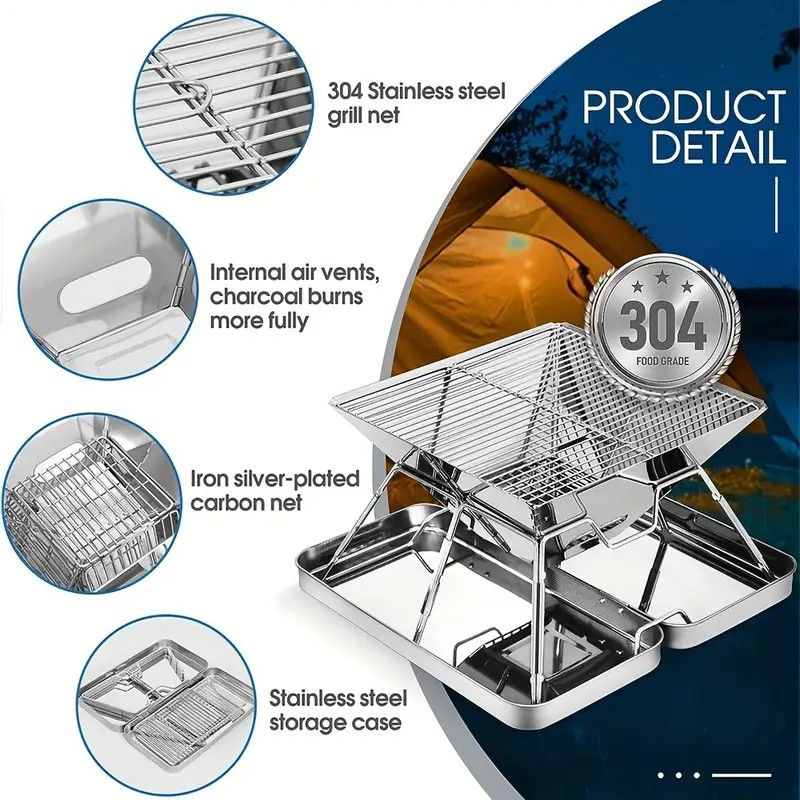 304 Stainless Steel Portable Folding BBQ Grill with Storage Tray for Outdoor Camping Picnics Beach and Backyard