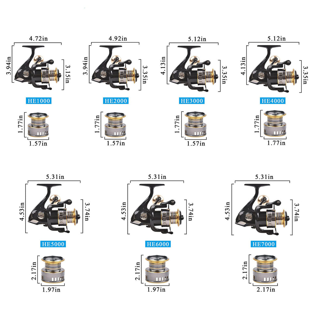 Fishing Reel Spinning Metal Spool, Metal Handle, 5.2:1 Gear Ratio, 10KG Drag, Smooth and Sensitive Line Output, Interchangeable Handle, Freshwater and Saltwater（HE7000)