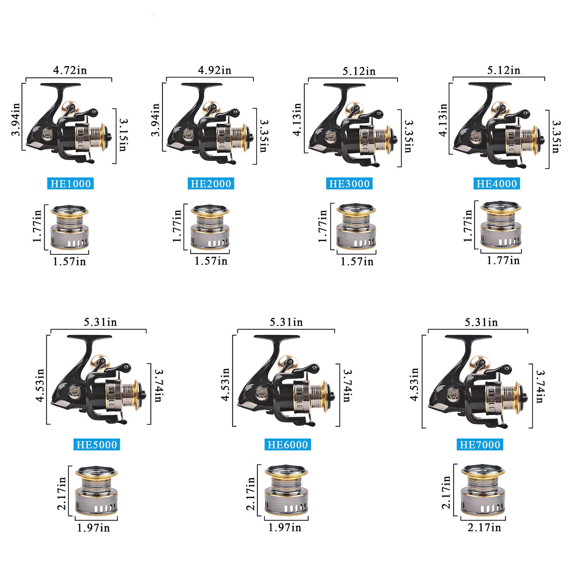 Fishing Reel Spinning Metal Spool, Metal Handle, 5.2:1 Gear Ratio, 10KG Drag, Smooth and Sensitive Line Output, Interchangeable Handle, Freshwater and Saltwater（HE7000)