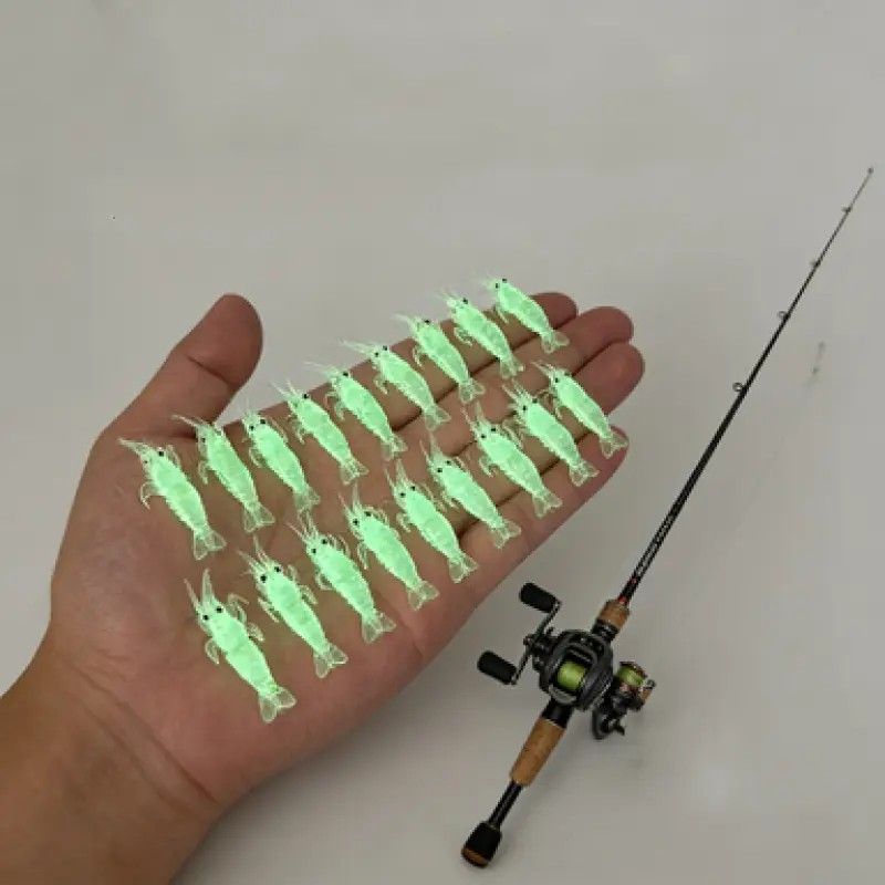 Glow-in-the-Dark Shrimp Lure 20-Piece Box Set | Night Fishing Essential, Soft Plastic Lure with Hooks, Suitable for Freshwater and Saltwater.