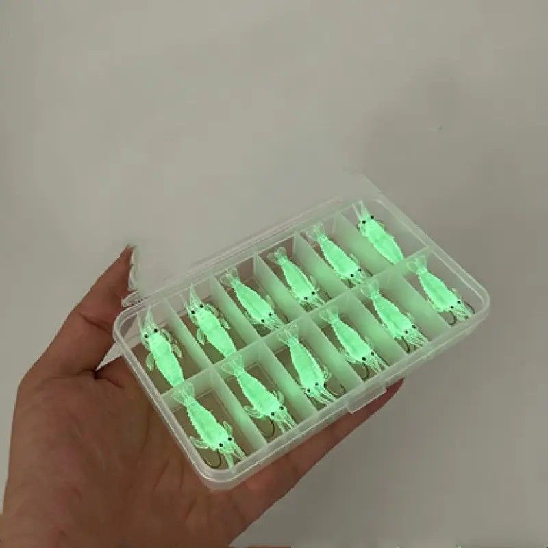 Glow-in-the-Dark Shrimp Lure 20-Piece Box Set | Night Fishing Essential, Soft Plastic Lure with Hooks, Suitable for Freshwater and Saltwater.