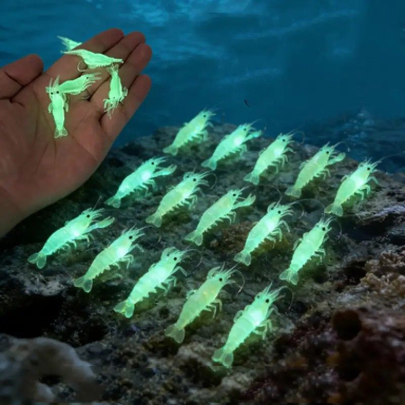 Glow-in-the-Dark Shrimp Lure 20-Piece Box Set | Night Fishing Essential, Soft Plastic Lure with Hooks, Suitable for Freshwater and Saltwater.
