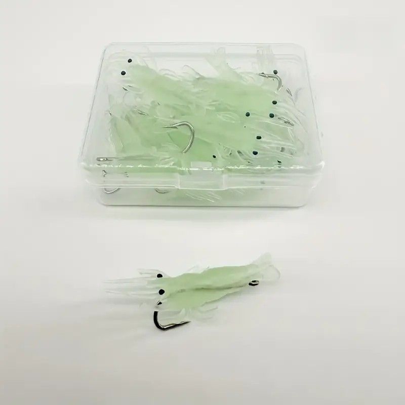 Glow-in-the-Dark Shrimp Lure 20-Piece Box Set | Night Fishing Essential, Soft Plastic Lure with Hooks, Suitable for Freshwater and Saltwater.