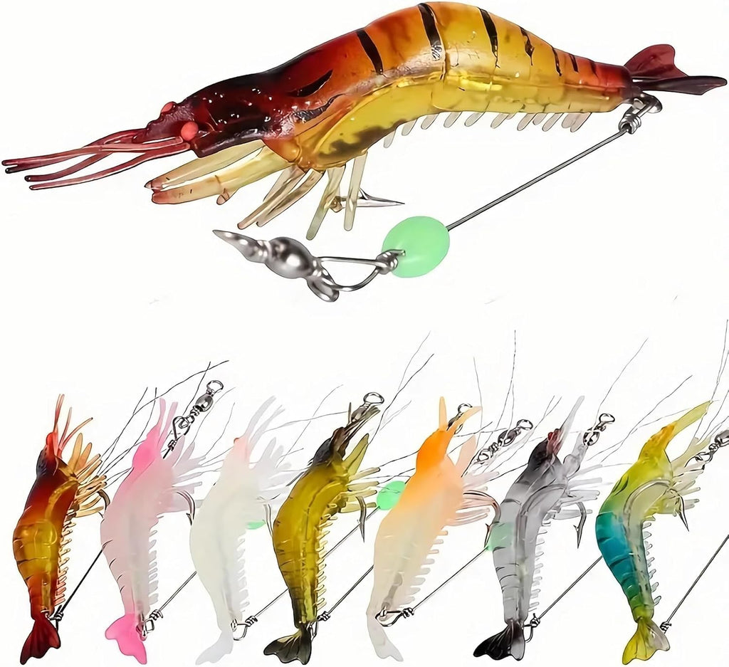 7Pcs Fishing Lures Prawn/Shrimp Bait Set, Soft Bionic Lures, with Luminous Sharp Hooks for Freshwater & Saltwater