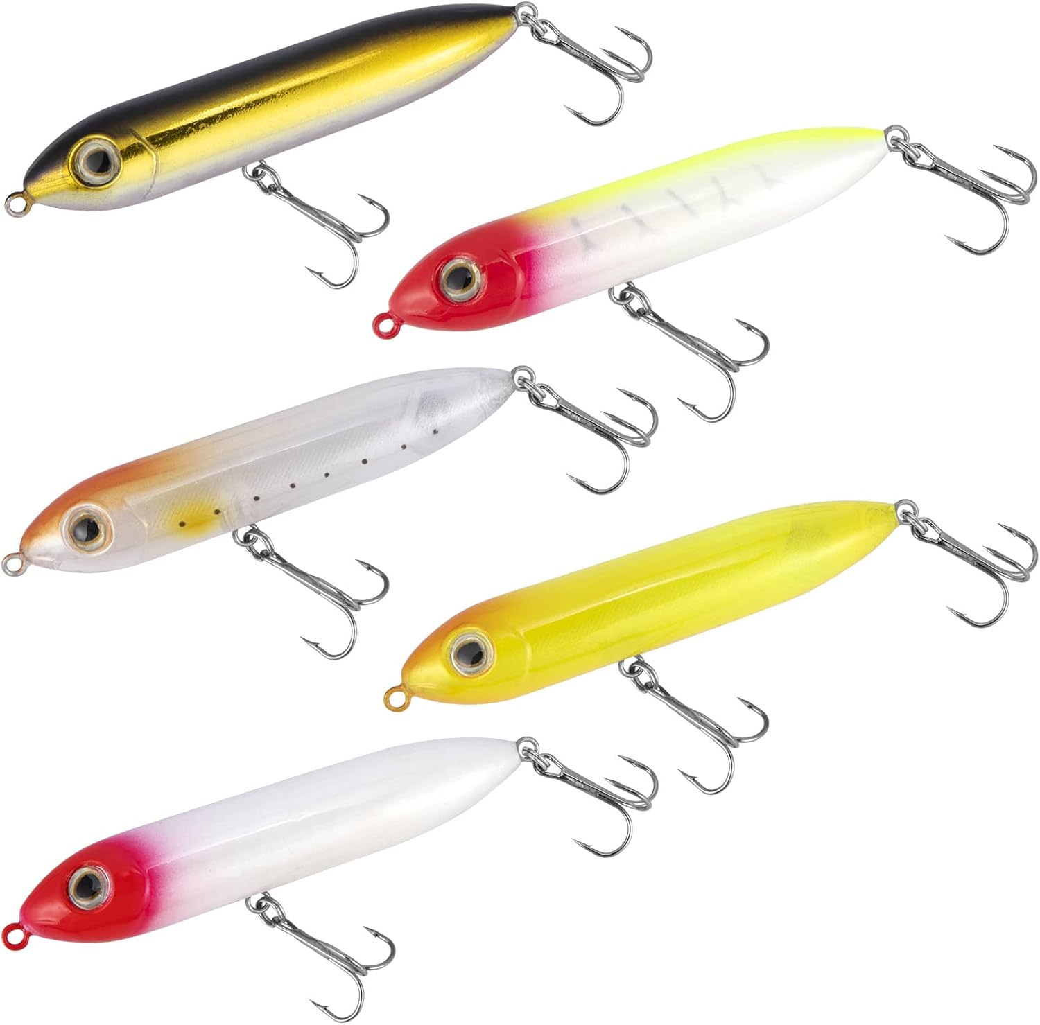 Walk-The-Dog Lure Set 5 piece. Top Water Fishing Lures Kit for Saltwater and Freshwater. Treble Hooks Hard Baits.