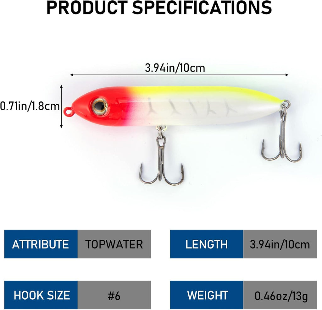 Walk-The-Dog Lure Set 5 piece. Top Water Fishing Lures Kit for Saltwater and Freshwater. Treble Hooks Hard Baits.