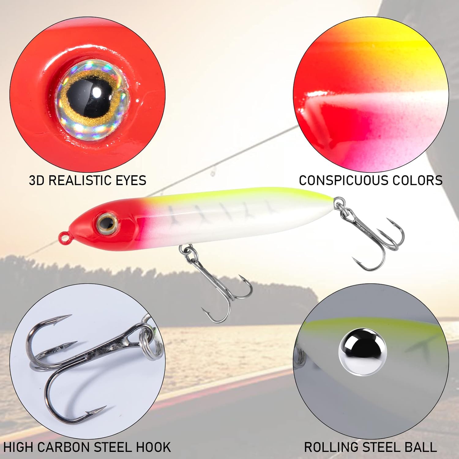 Walk-The-Dog Lure Set 5 piece. Top Water Fishing Lures Kit for Saltwater and Freshwater. Treble Hooks Hard Baits.