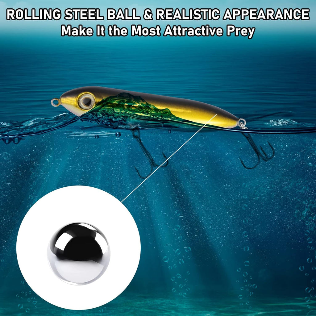 Walk-The-Dog Lure Set 5 piece. Top Water Fishing Lures Kit for Saltwater and Freshwater. Treble Hooks Hard Baits.