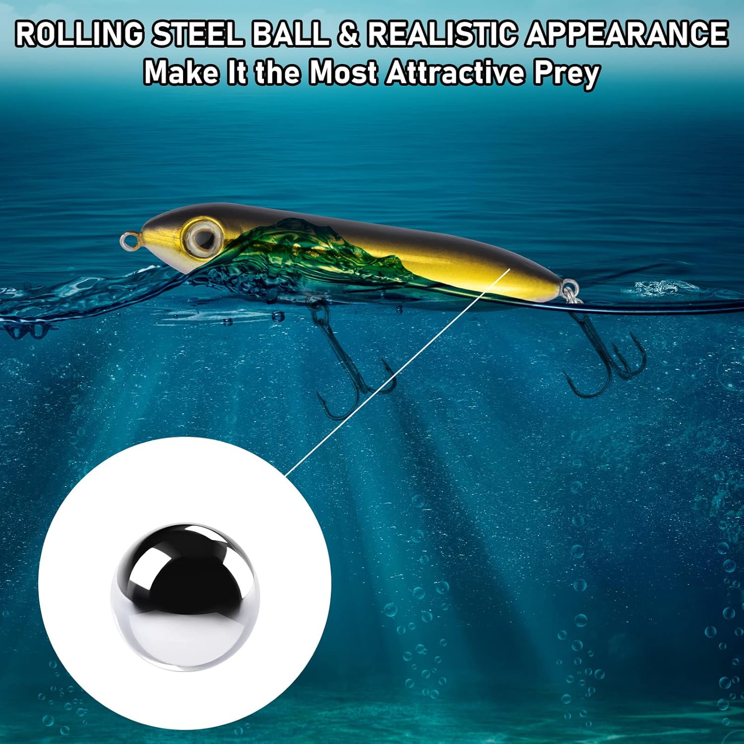 Walk-The-Dog Lure Set 5 piece. Top Water Fishing Lures Kit for Saltwater and Freshwater. Treble Hooks Hard Baits.