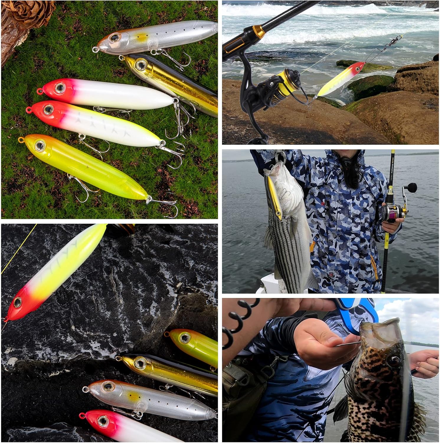 Walk-The-Dog Lure Set 5 piece. Top Water Fishing Lures Kit for Saltwater and Freshwater. Treble Hooks Hard Baits.